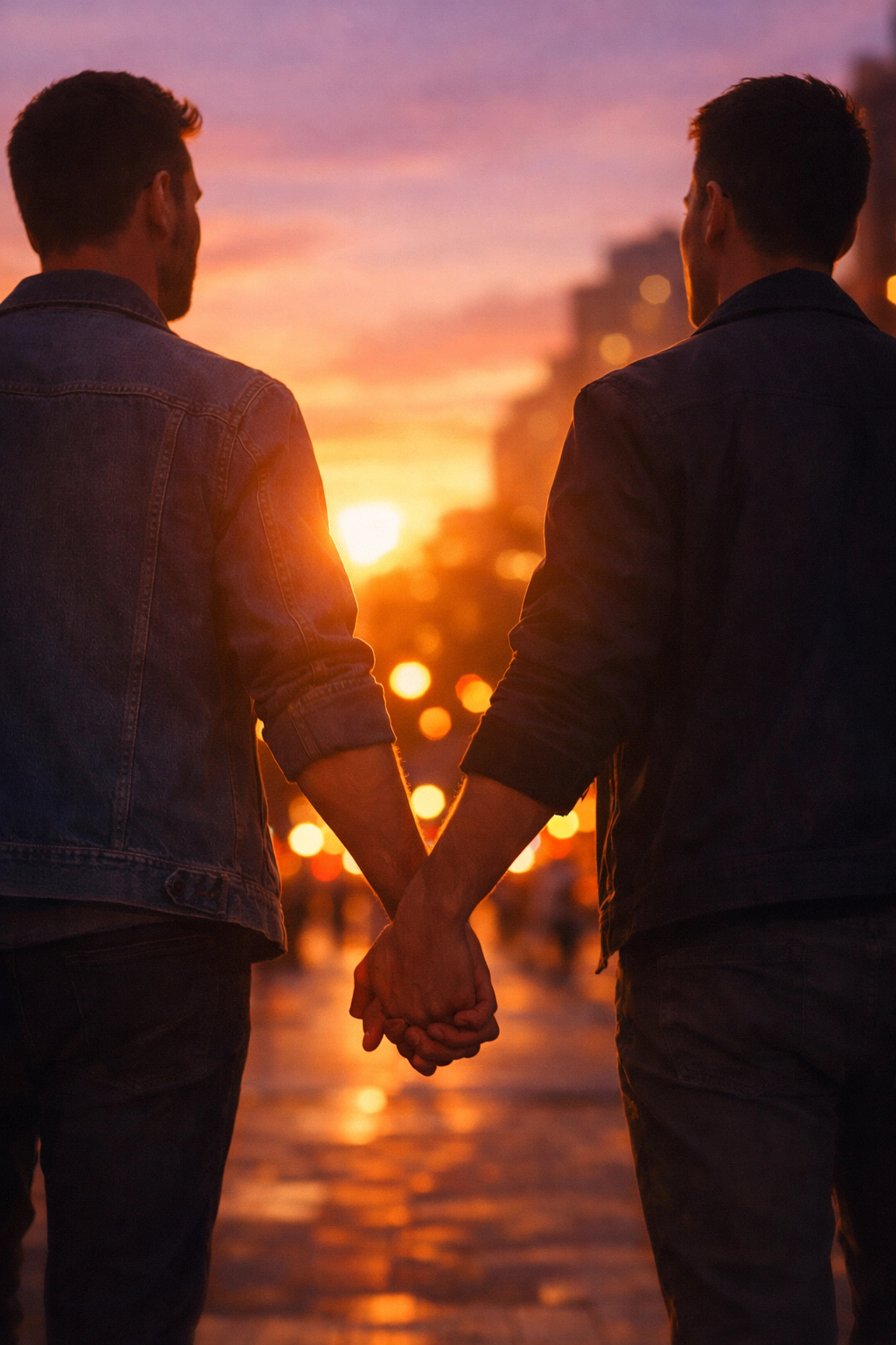Gay couple holding hands at sunset during first Valentine's Day together