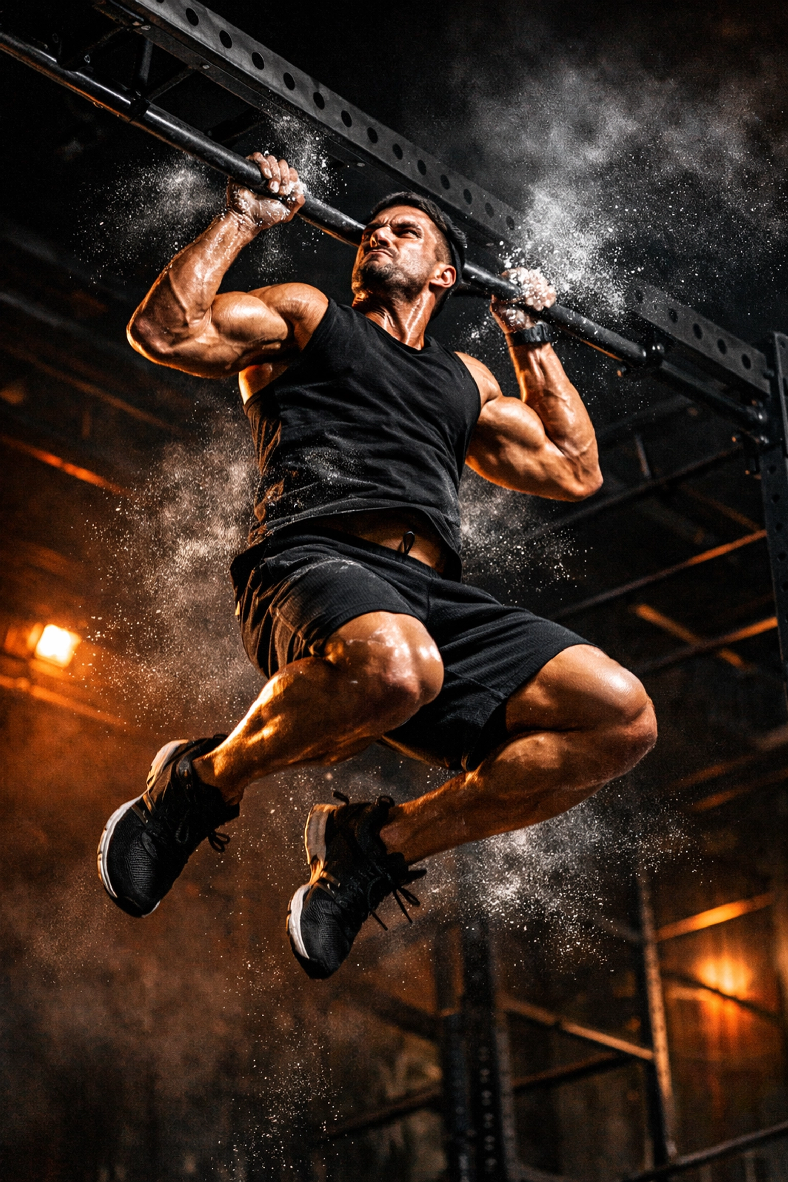 Athlete using a pull up bar alternative for explosive calisthenics training in a home gym.