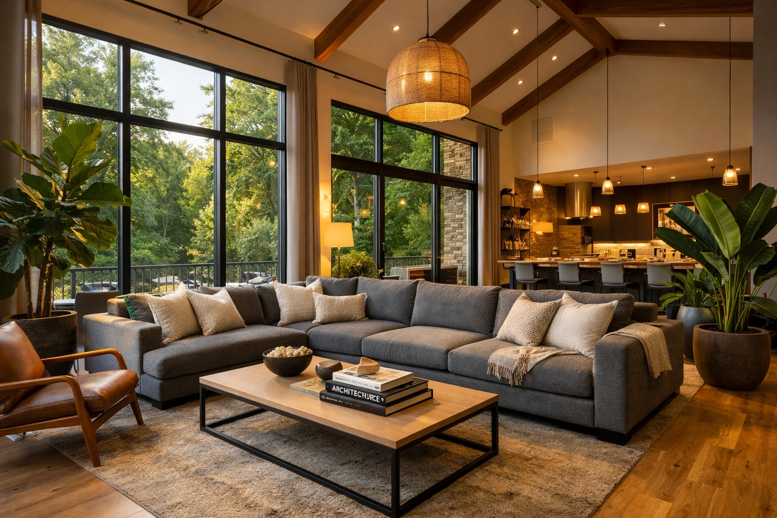 A bright, modern shared living area in a Charlotte professional room rental with stylish decor.