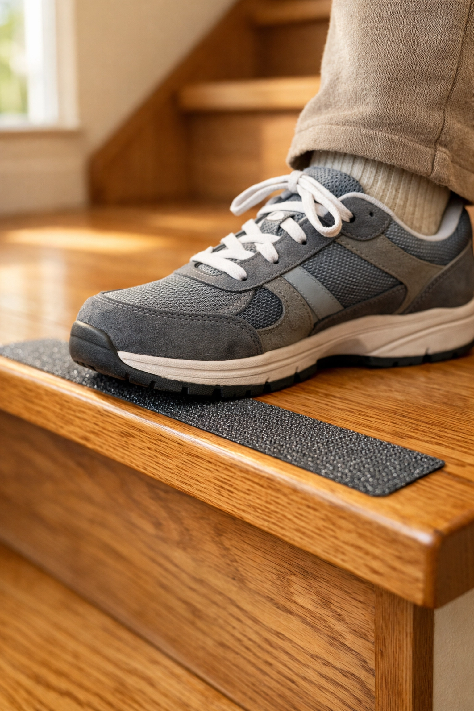 Senior's foot on a wooden stair with a non-slip adhesive tread to prevent slipping in the home.