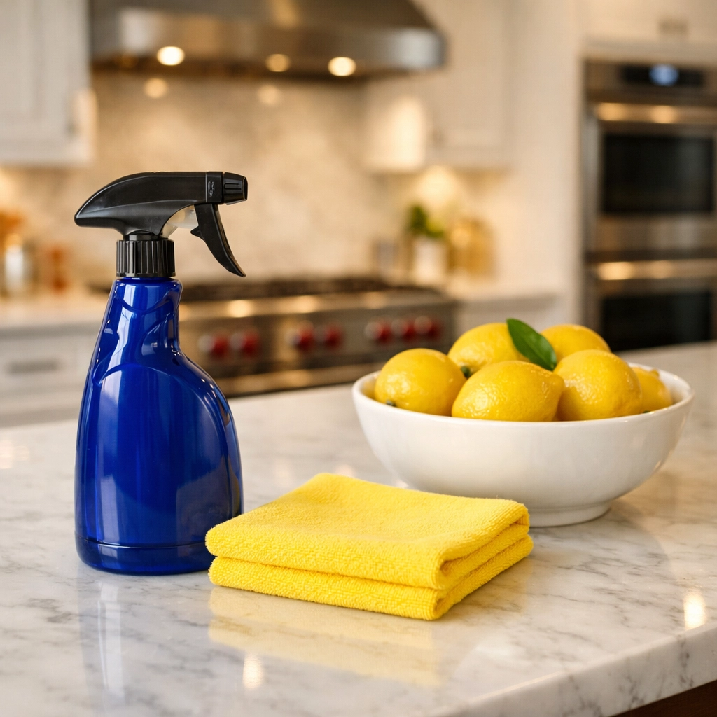 Clean kitchen marble countertop with eco-friendly supplies for high-quality house cleaning Clinton MA.