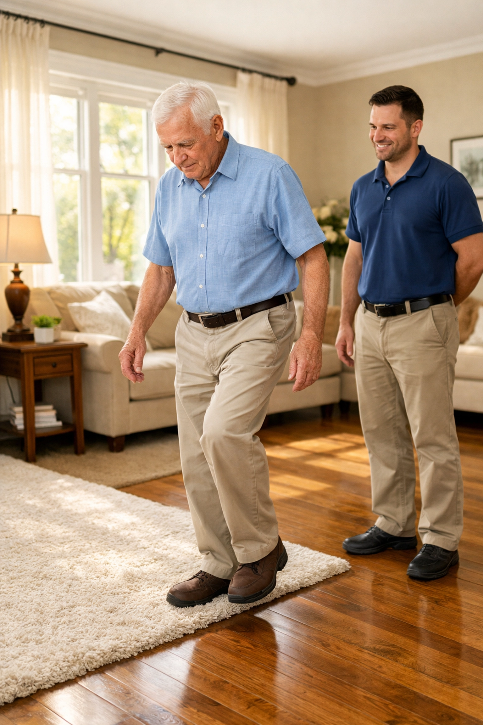A physical therapist observing a senior man's balance and gait during a home mobility assessment.