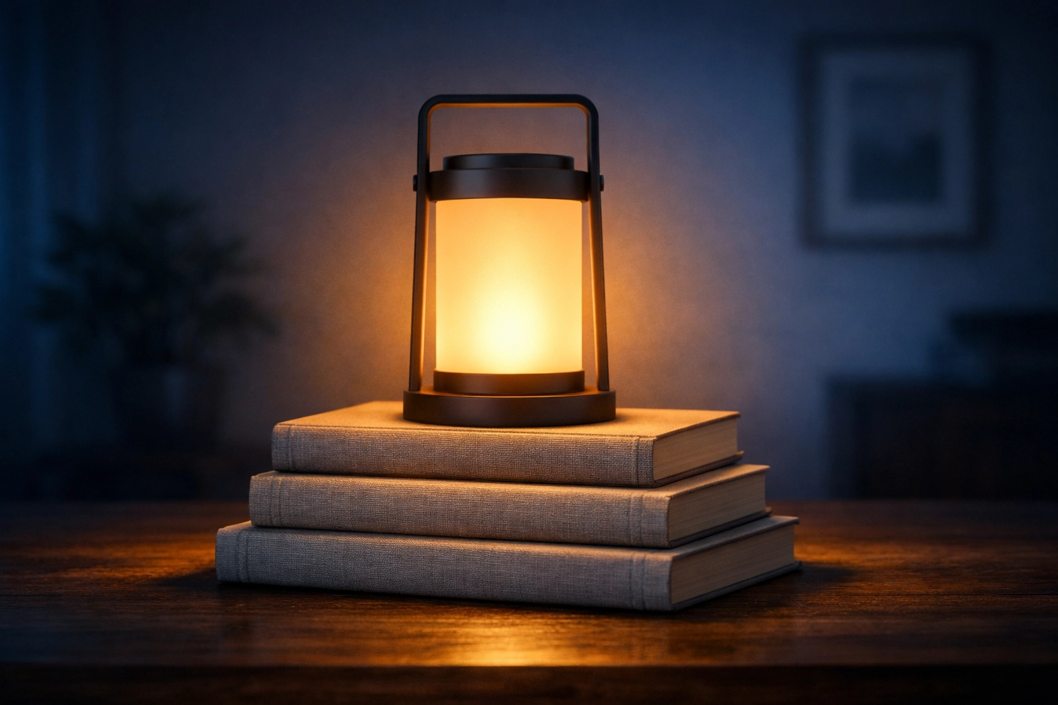 A warm lantern glowing on a stack of books, representing divine clarity and spiritual peace in a troubled world.