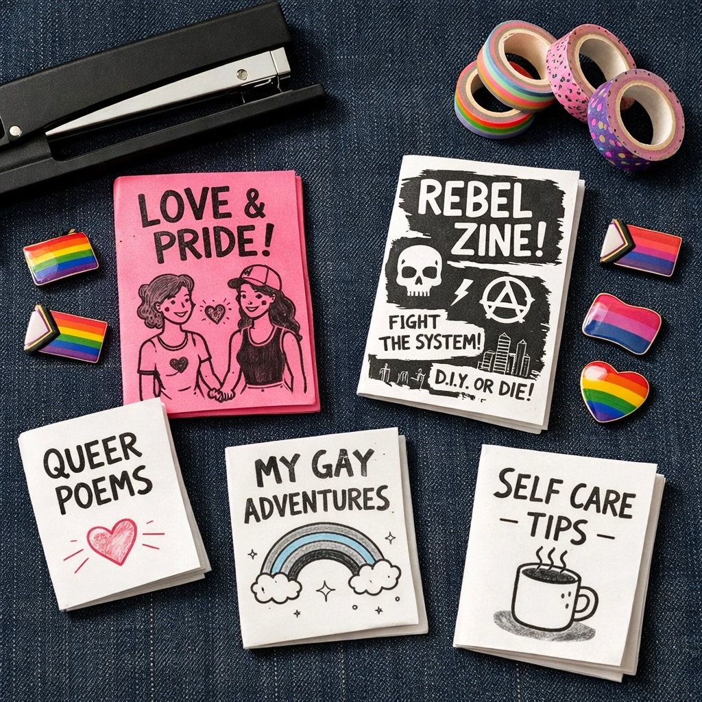 A collection of colorful handmade LGBTQ+ mini-zines and DIY publishing tools on a denim surface.