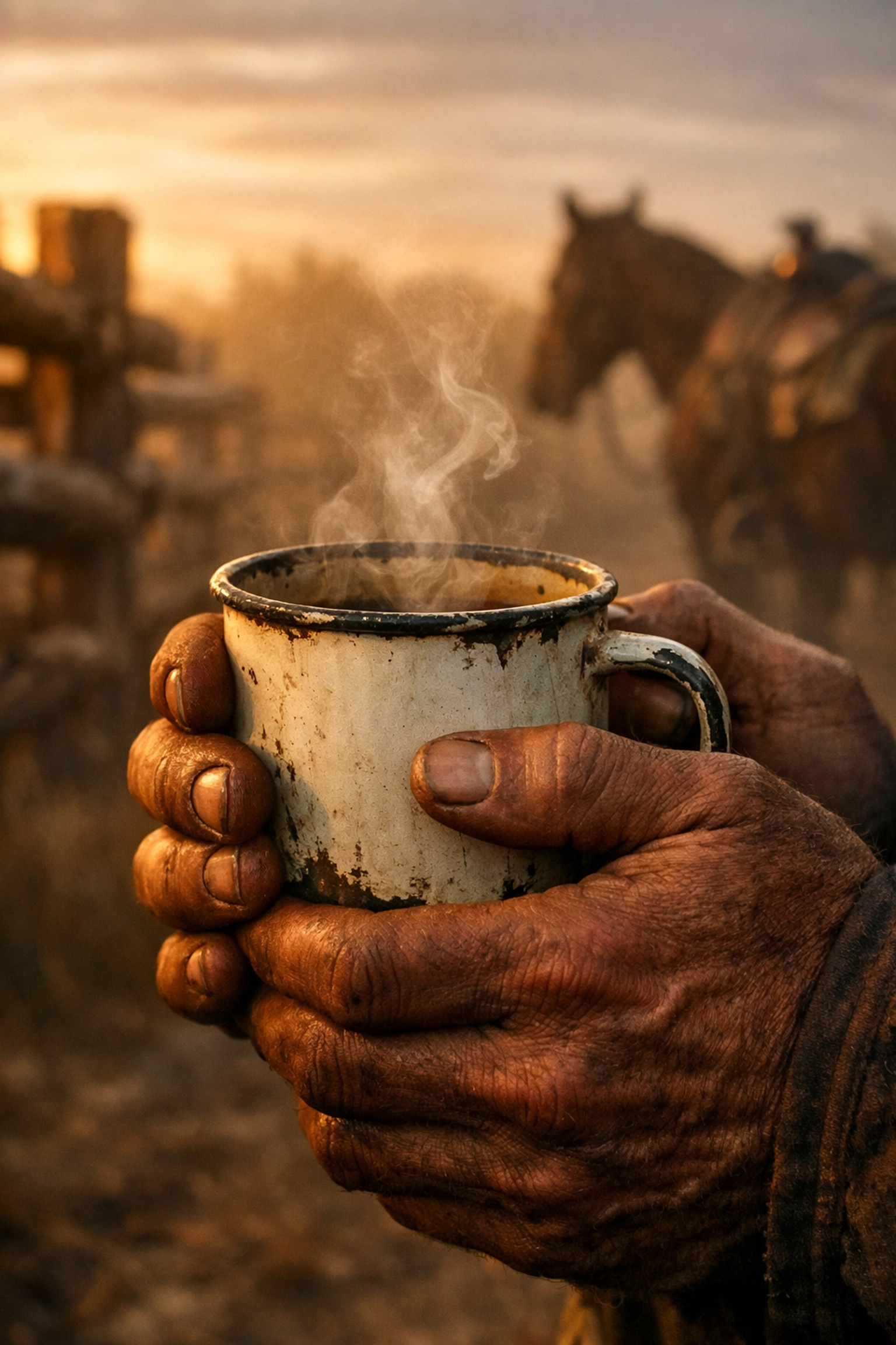 Hands holding a steaming mug of the best coffee for ranchers at sunrise on an American ranch.