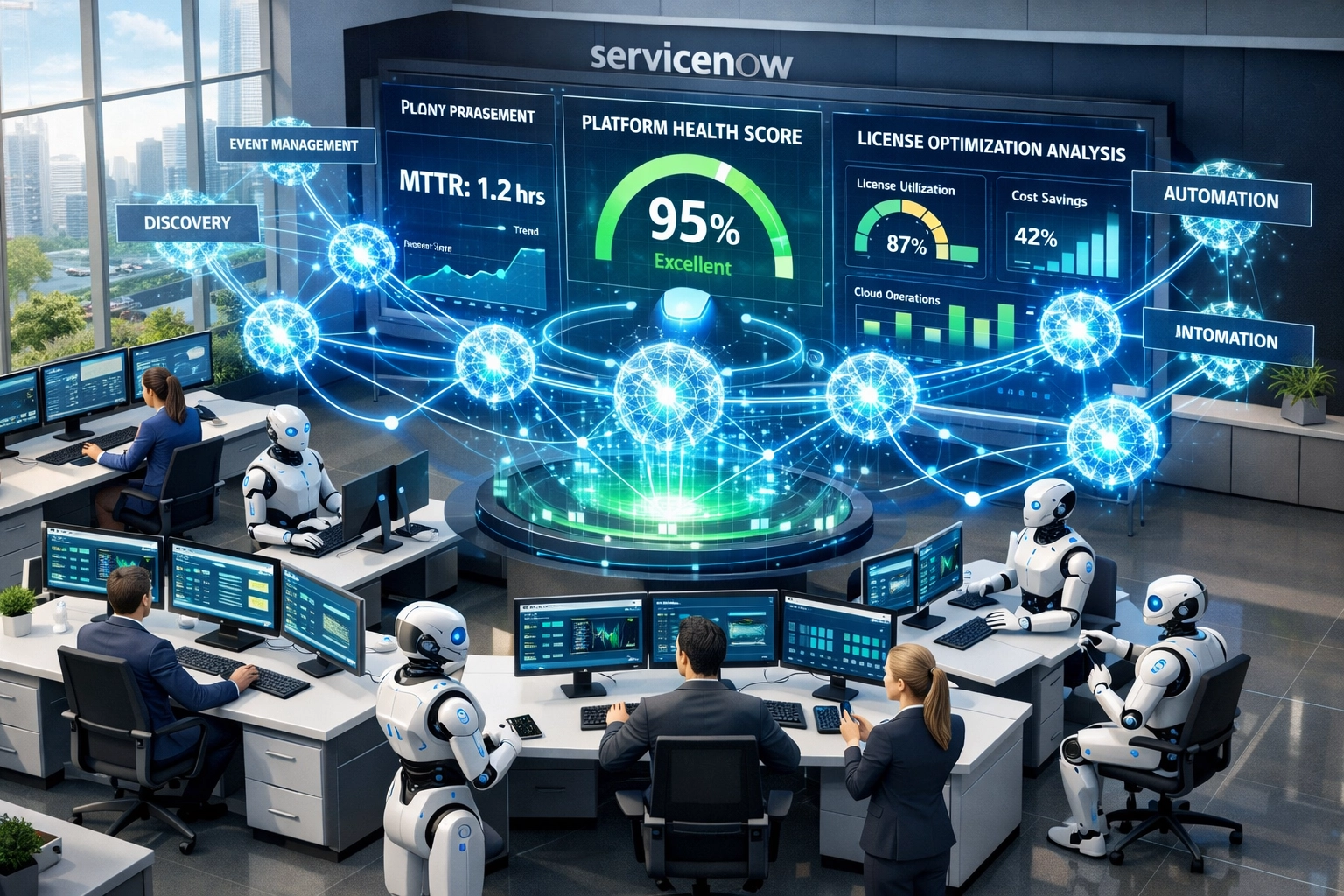 ServiceNow Agentic AI command center with ITOM analytics dashboard and platform health metrics
