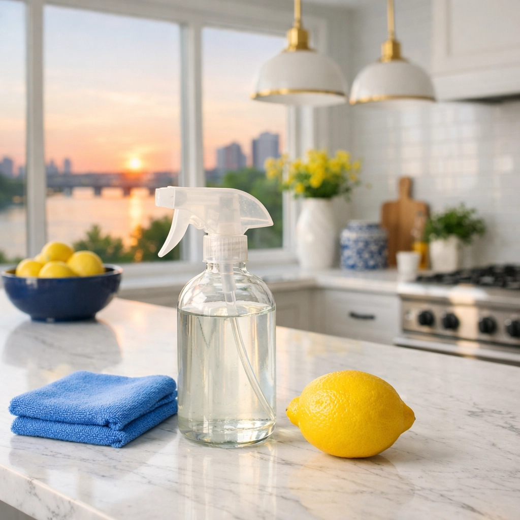 Eco-friendly house cleaning Cambridge MA in an East Cambridge kitchen using non-toxic supplies.