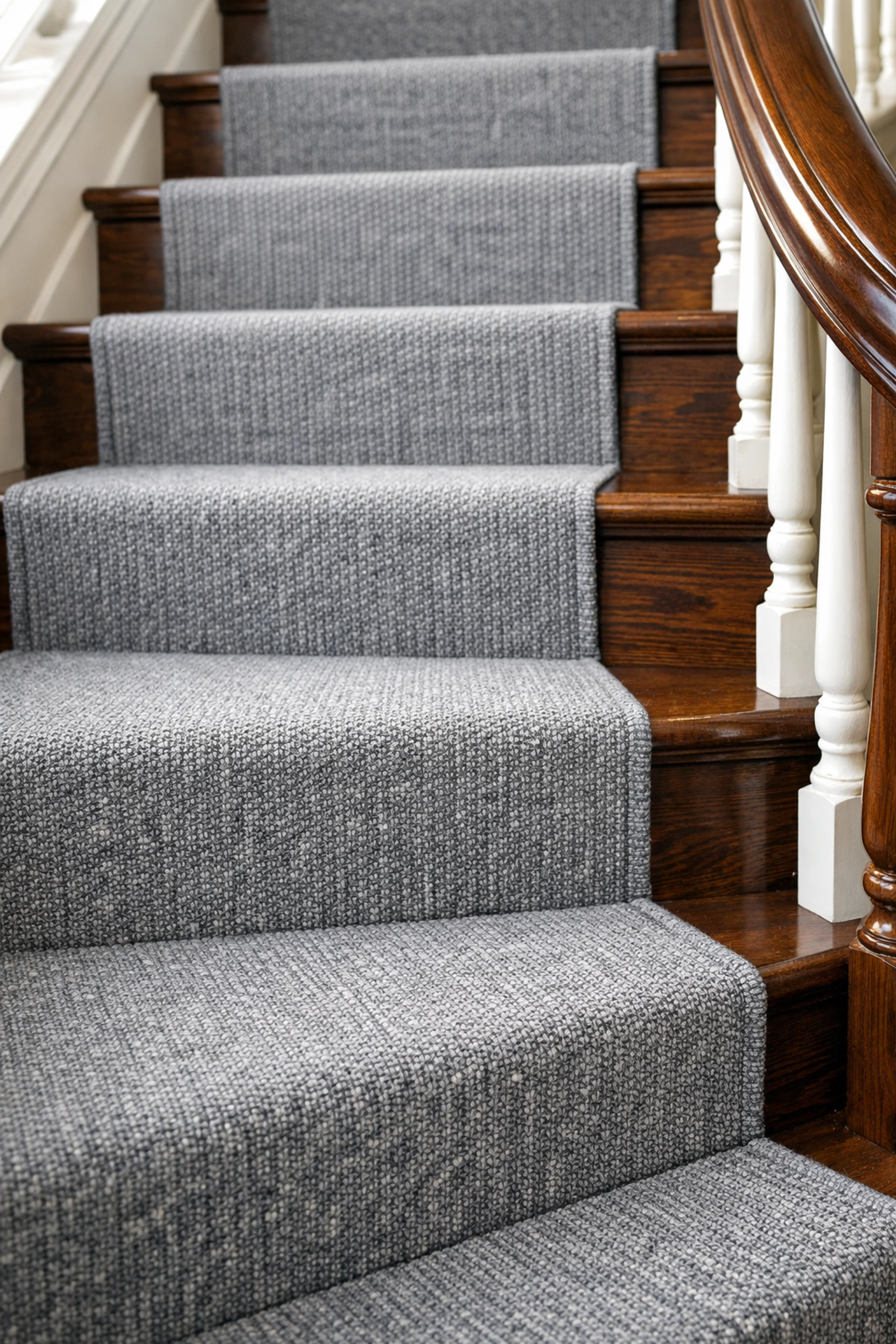 Securely fastened non-slip carpet runner on a wooden staircase to provide traction and prevent falls.