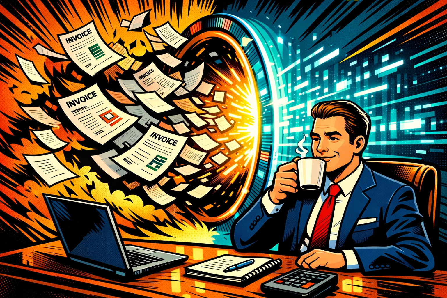 Business owner relaxing while paper invoices are digitized using AI business automation tools.