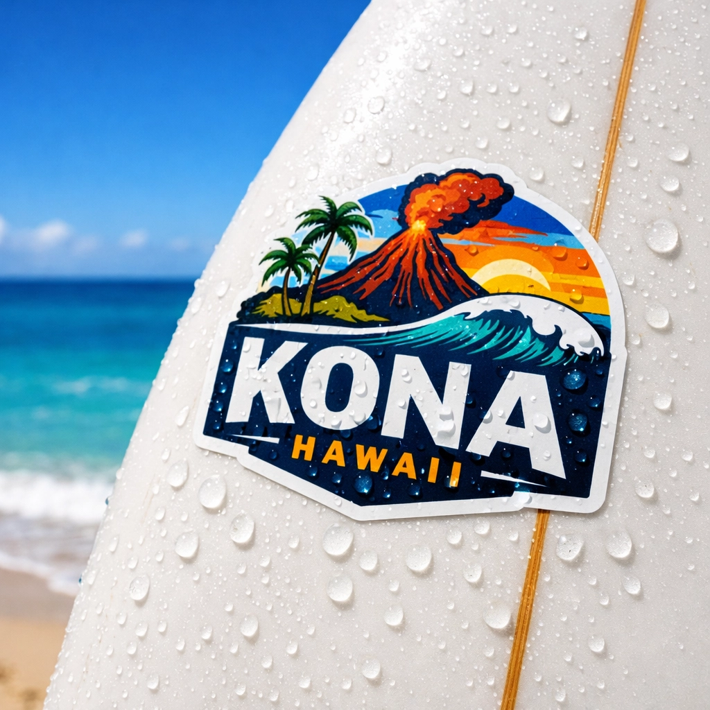 Durable waterproof die-cut sticker on a surfboard on a Kona beach, resistant to salt and UV rays.