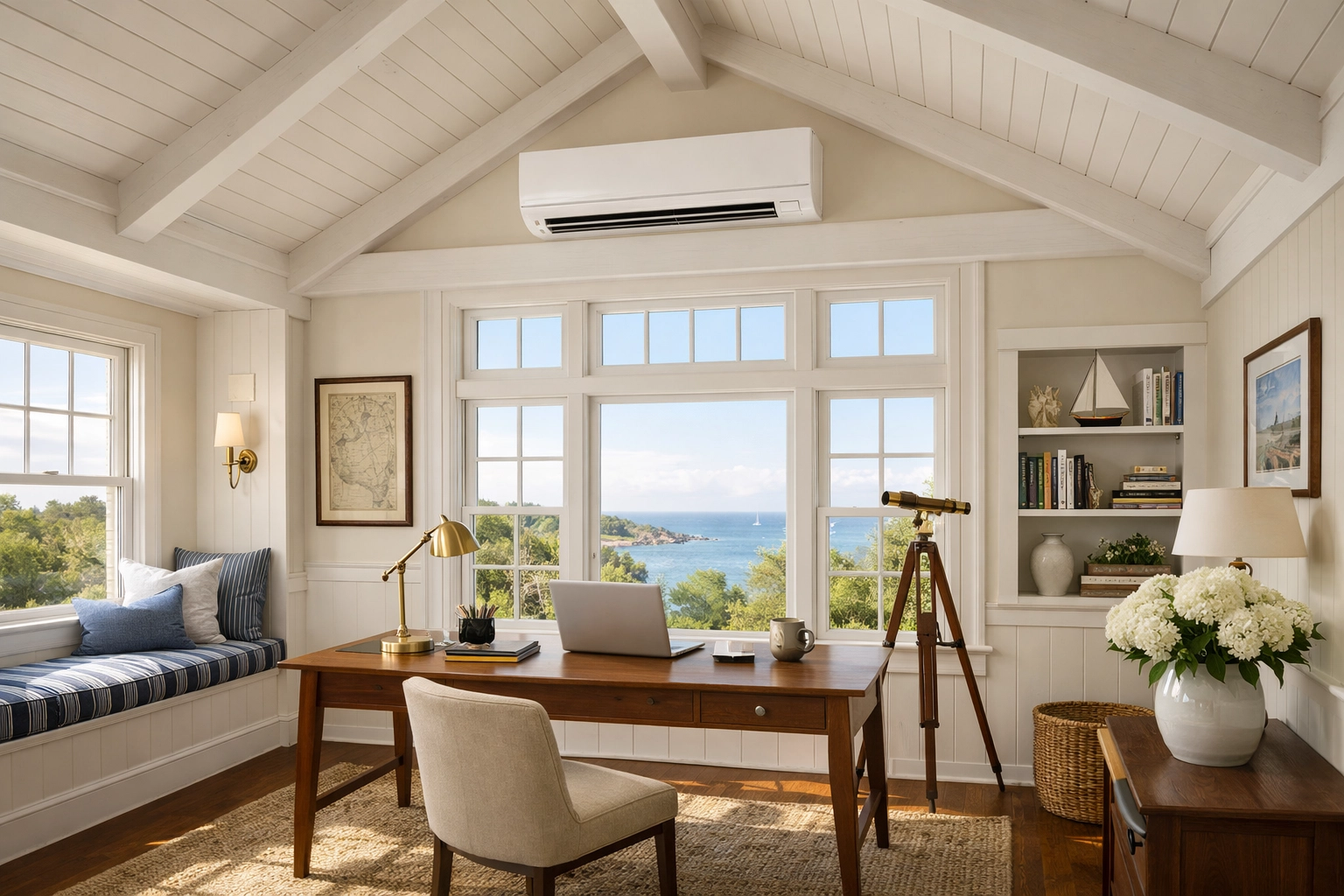 A quiet mini-split indoor unit installed in a bright Maine home office to increase property value.