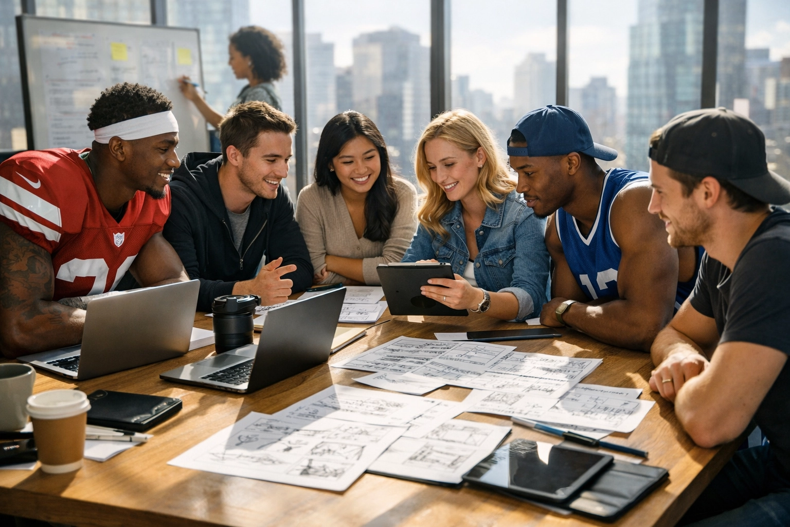 Creative studio team and student-athletes planning a multi-week Super Bowl NIL content strategy.