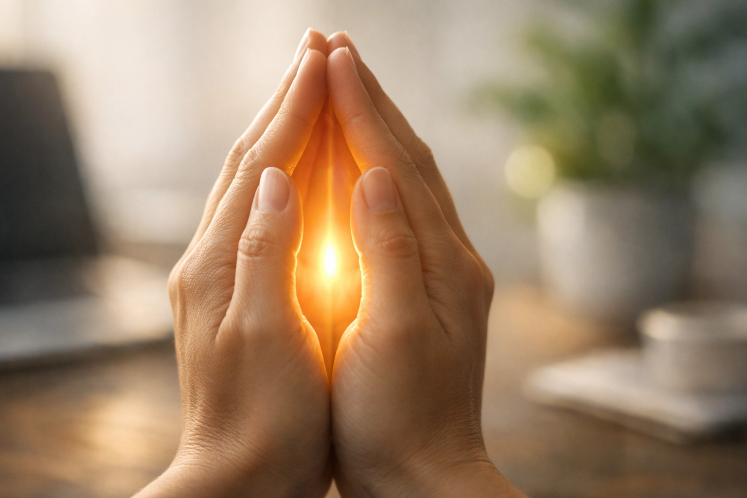 Hands held in prayer with warm light, symbolizing finding inner peace in a busy workspace.