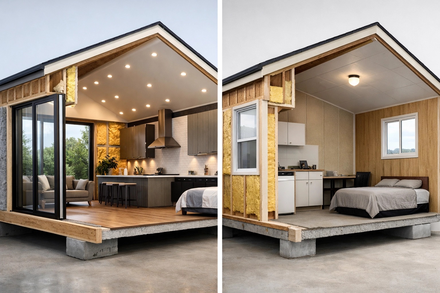 Comparison of modular home vs transportable home showing insulation and window quality differences