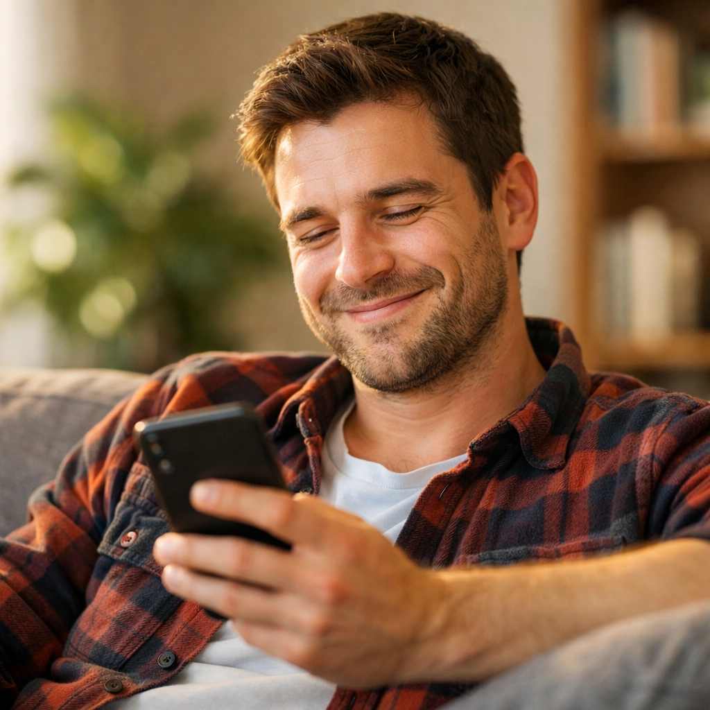 Homme soulagé utilisant son téléphone pour obtenir un prêt sans enquête de crédit rapide.