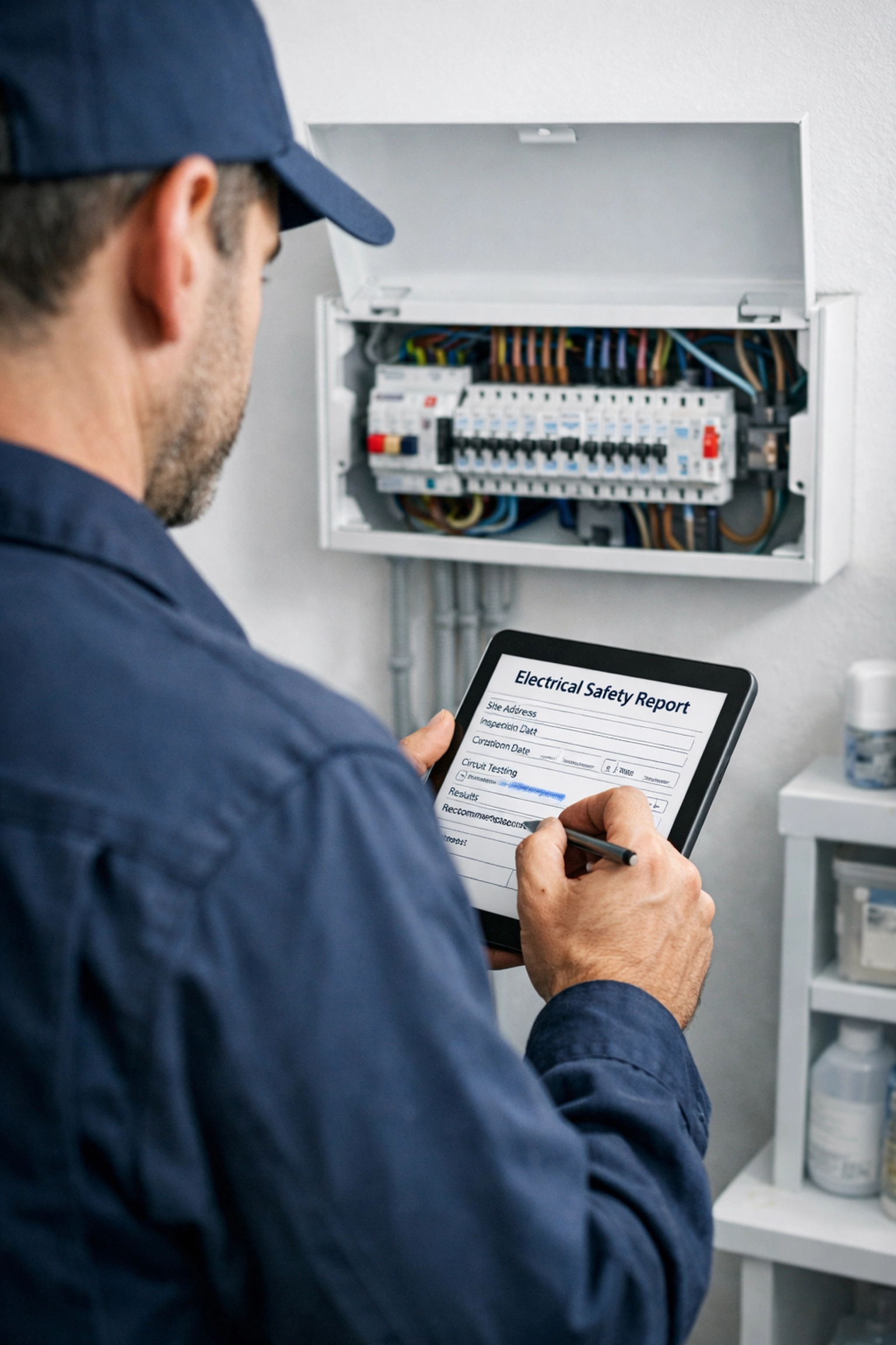 Electrician in Dorset conducting an electrical safety inspection of a newly installed modern metal consumer unit.