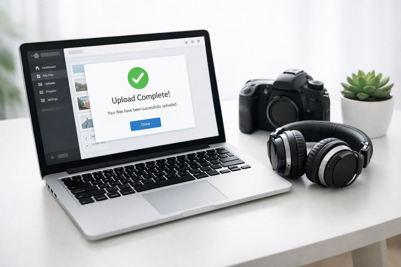 Laptop showing a successful photo gallery upload after fast file compression.