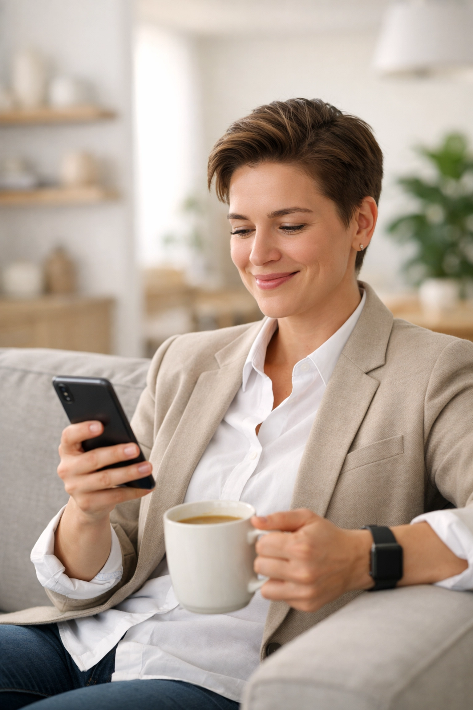 A relieved young professional in Canada using their smartphone for a quick emergency loan approval.