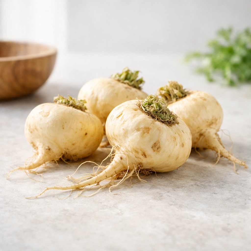 Fresh raw maca roots on a clean countertop showing the natural source of maca root complex superfood.