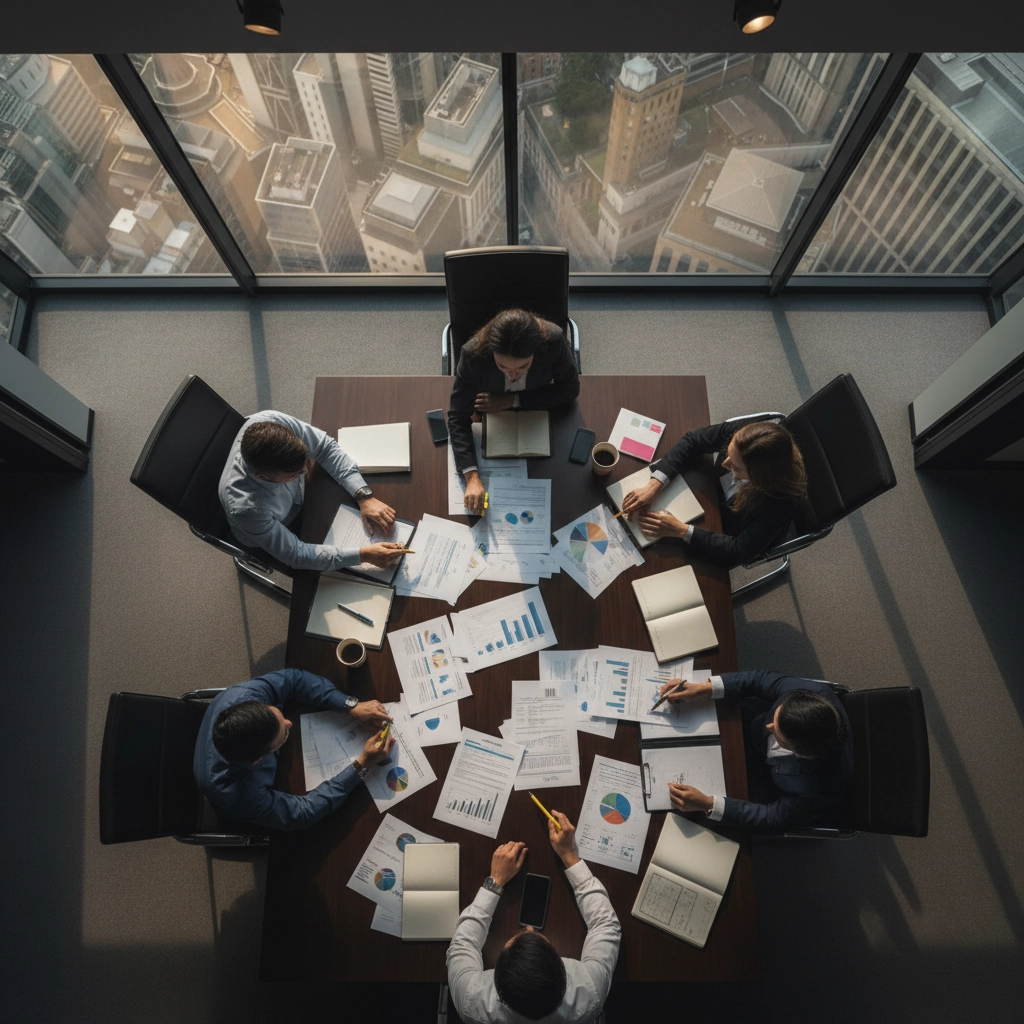 Team roundtable in a London coworking space discussing localised UK messaging