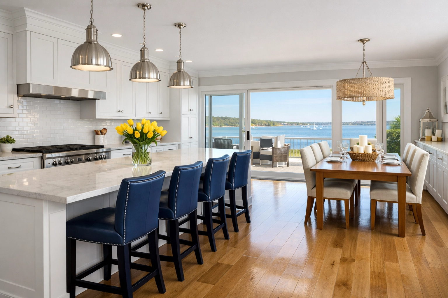 A guest-ready Duxbury beach house kitchen with spotless surfaces after professional house cleaning.