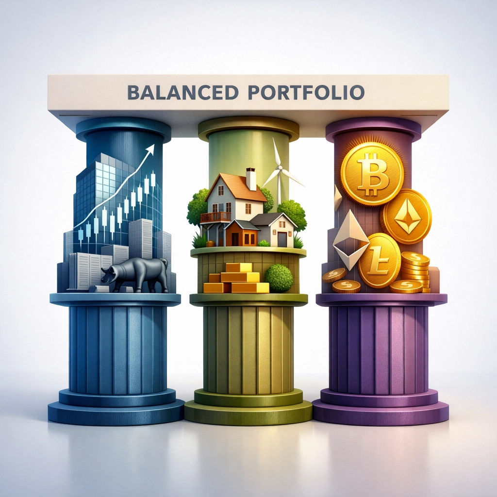 Balanced portfolio structure with traditional assets, alternatives, and digital investments