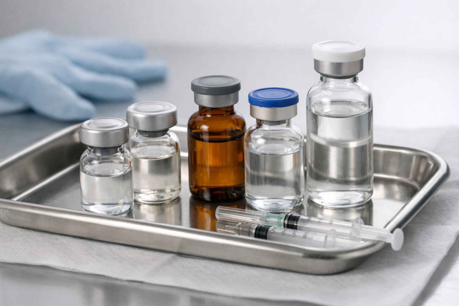 Professional injectable vials on a sterile medical tray