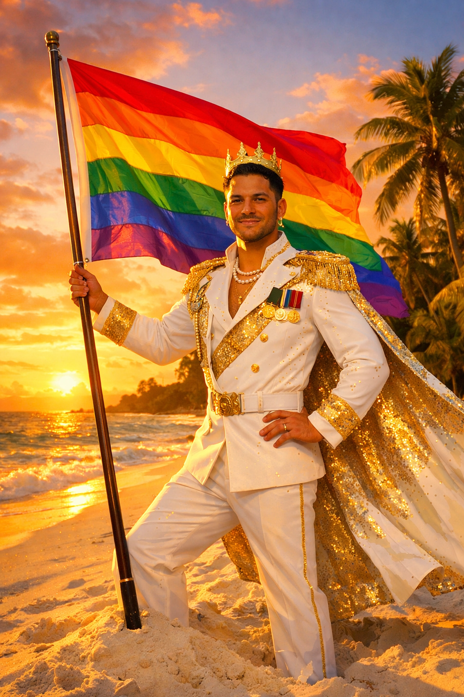 A man in royal camp naval attire planting a pride flag on a tropical beach to celebrate the Coral Sea Kingdom.