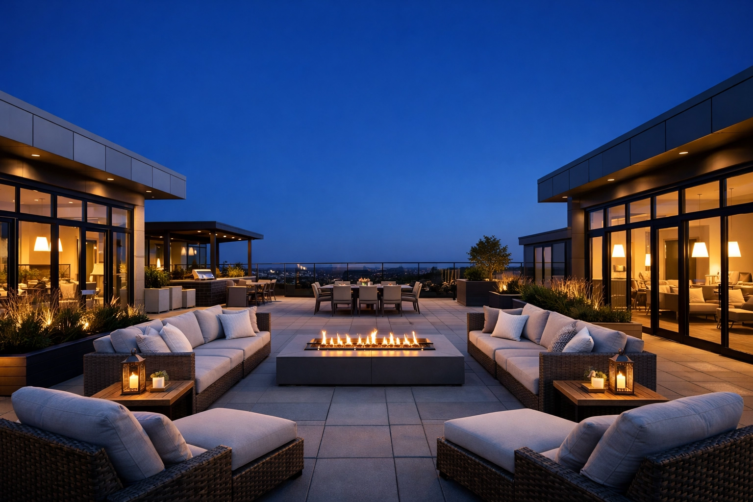 Luxury multifamily building rooftop terrace at dusk representing a successful property portfolio.