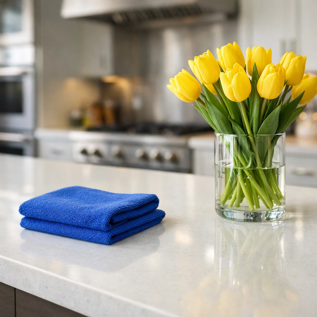 Clean kitchen island maintained with eco-friendly luxury house cleaning in Manchester-by-the-Sea.