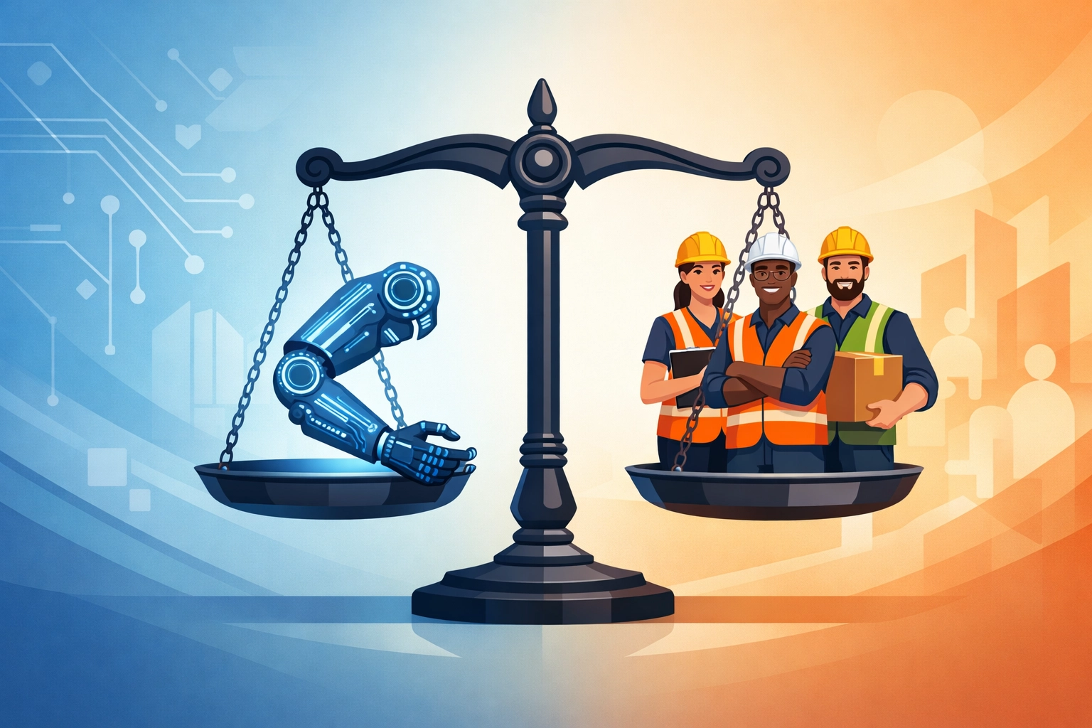 Scale balancing robotic automation with warehouse workers representing technology and humanity