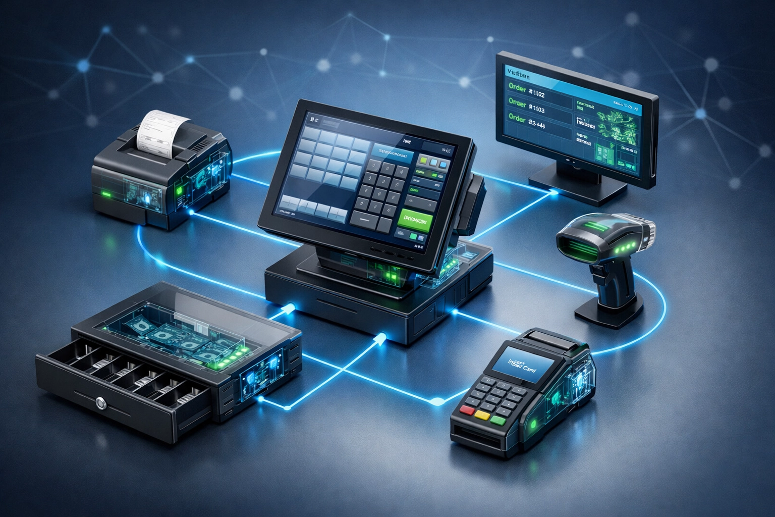 Integrated POS system showing connected terminal, peripherals, and network infrastructure