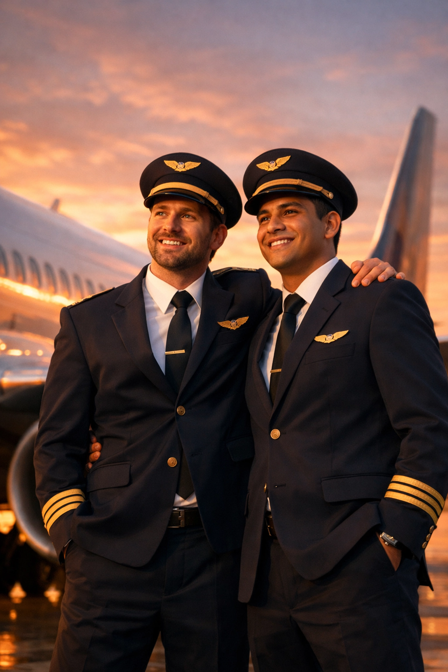 Two gay airline pilots stand together at sunrise representing LGBTQ+ inclusion in aviation careers