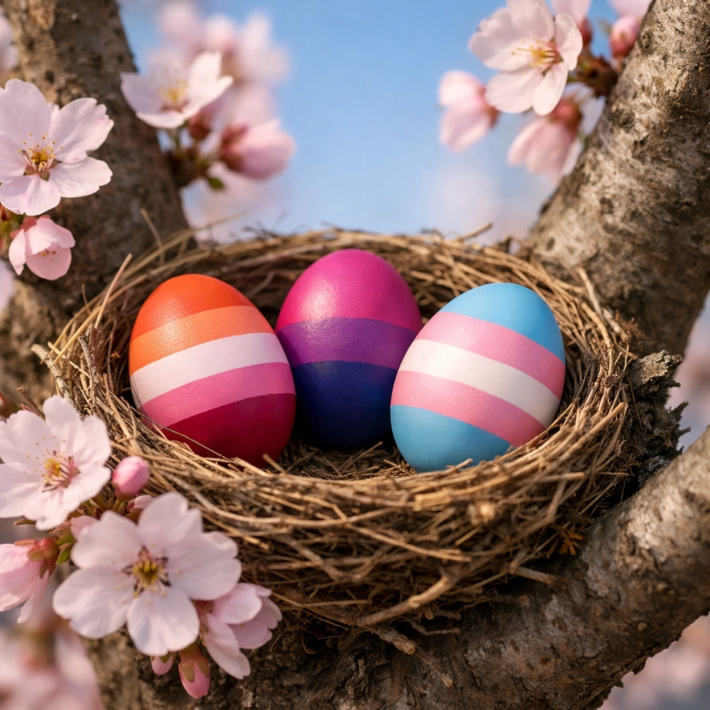 Hand-painted pride flag eggs in a bird's nest symbolize queer rebirth and Ostara traditions.