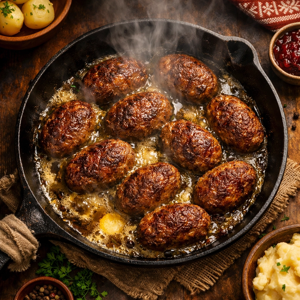 Norwegische Kjøttkaker brutzeln in der Pfanne mit goldbrauner Kruste