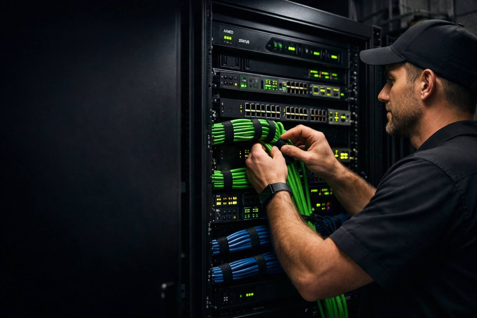 Professional IT technician organizing structured cabling for a Midwest enterprise security server rack.