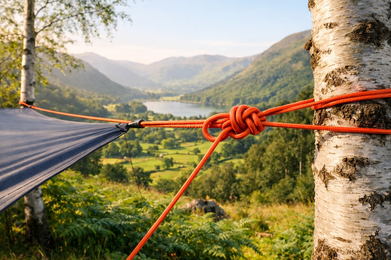 Trucker's Hitch knot tightening a tarp ridgeline for a camping adventure UK.