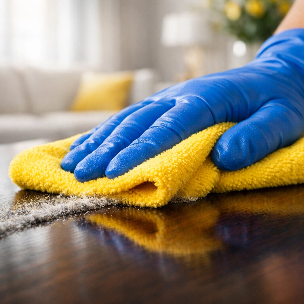 Professional cleaners in Leominster MA using a damp microfiber cloth to remove dust from a wood table.