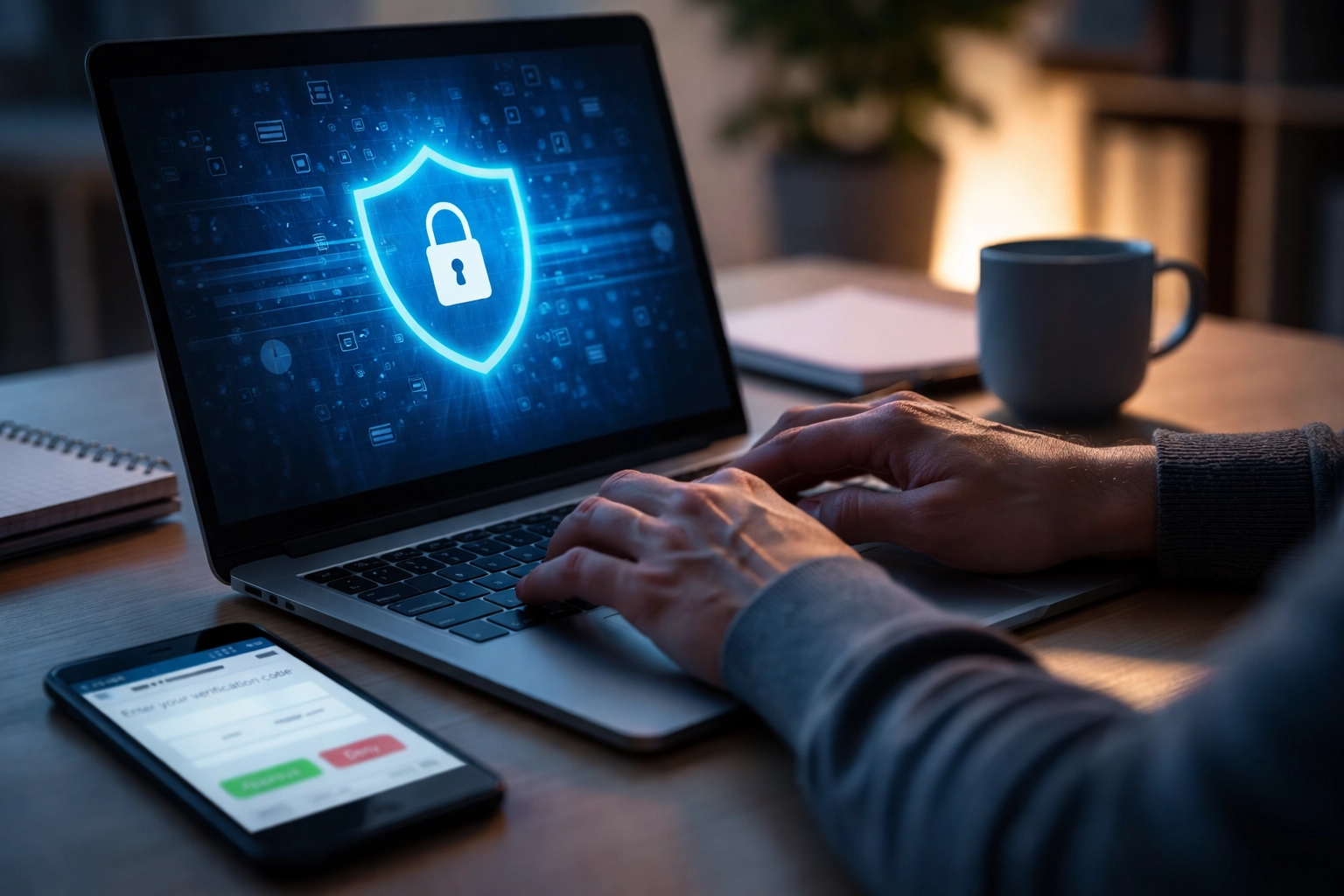 Close-up of hands using a secure laptop and smartphone in a home office, emphasizing cybersecurity risk management for remote workforces