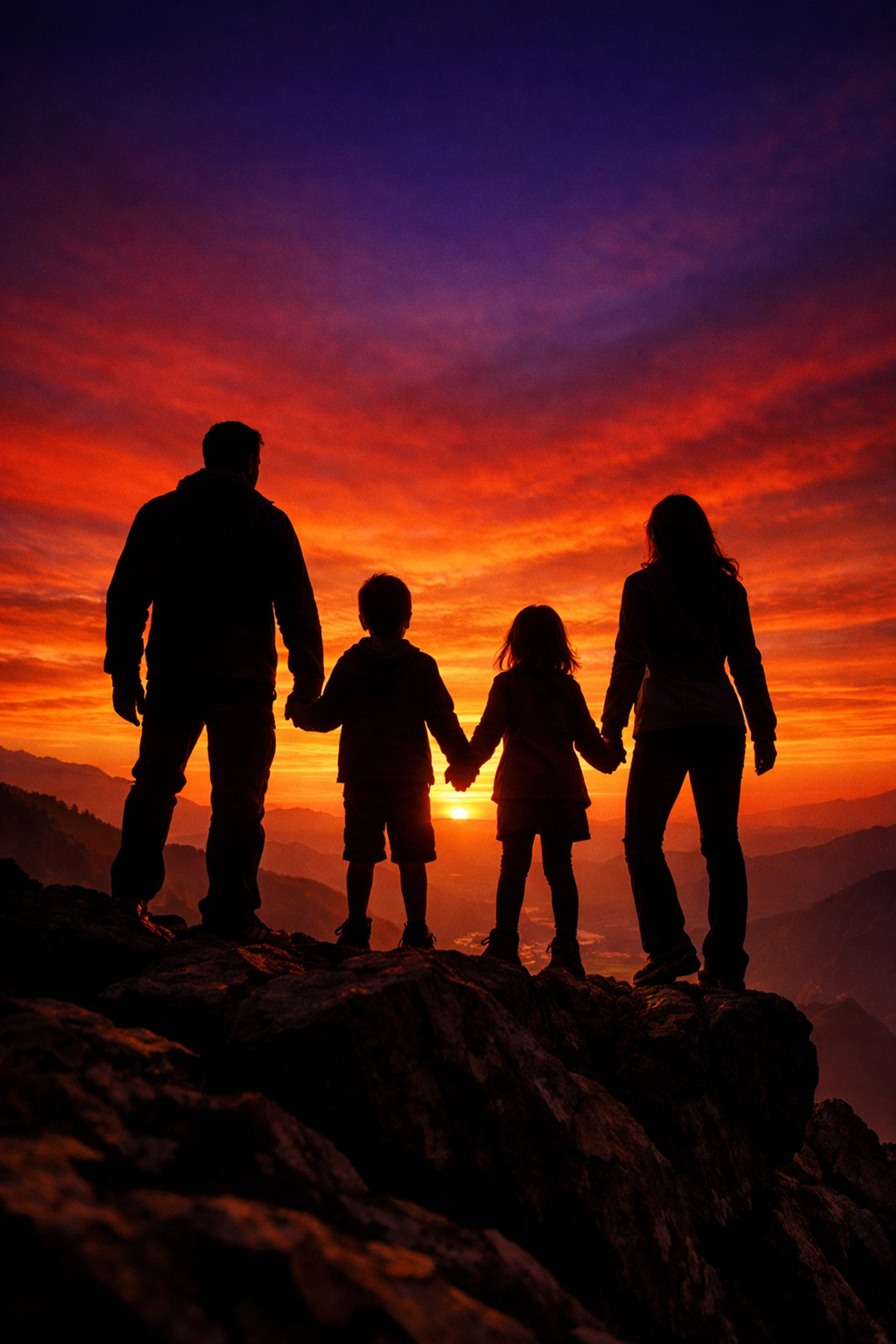 Silhouette of a family at sunset on a cliffside, enjoying a successful travel adventure.