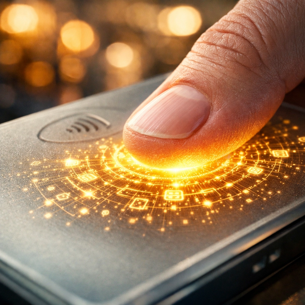 Biometric thumbprint scan on a digital surface for secure, one-tap e-commerce checkout.