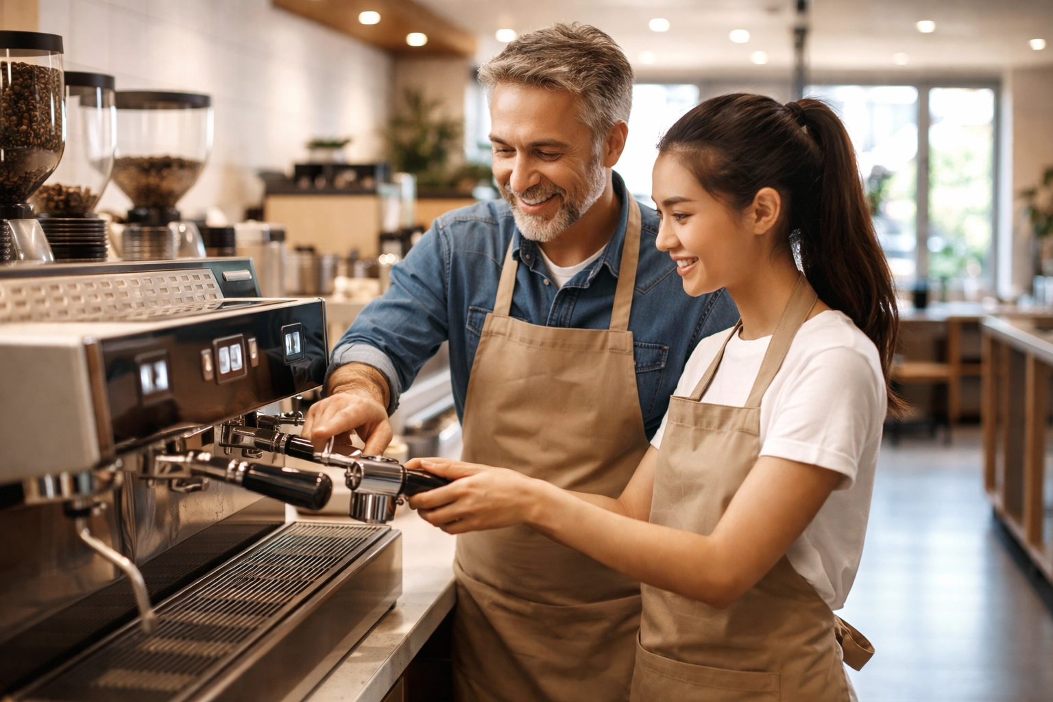 Barista training at Ziggi's Coffee with a trainer mentoring a new employee in a modern, welcoming coffee shop environment.