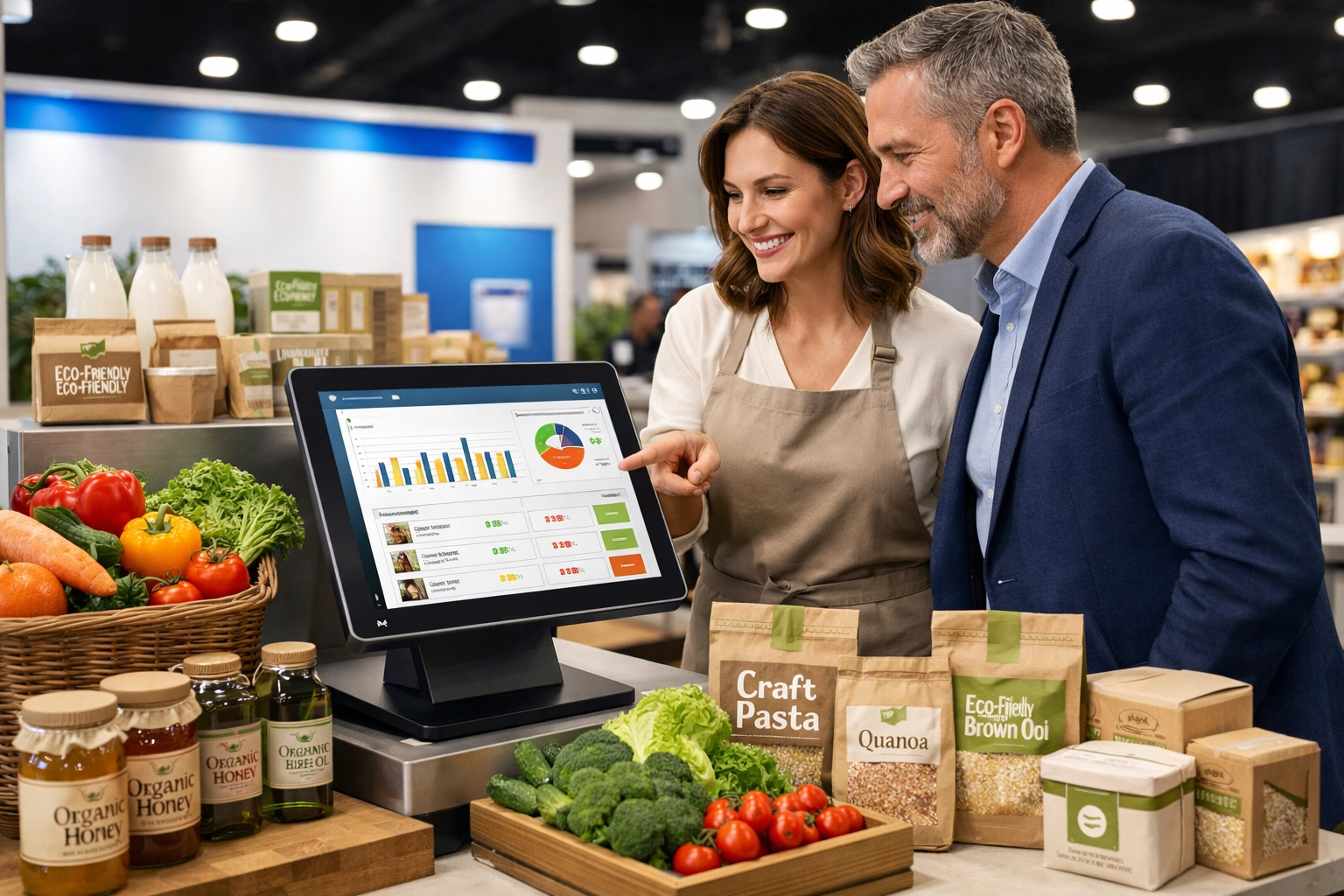 Independent grocers examining retail technology and fresh food products at NGA Show 2026 trade show booth