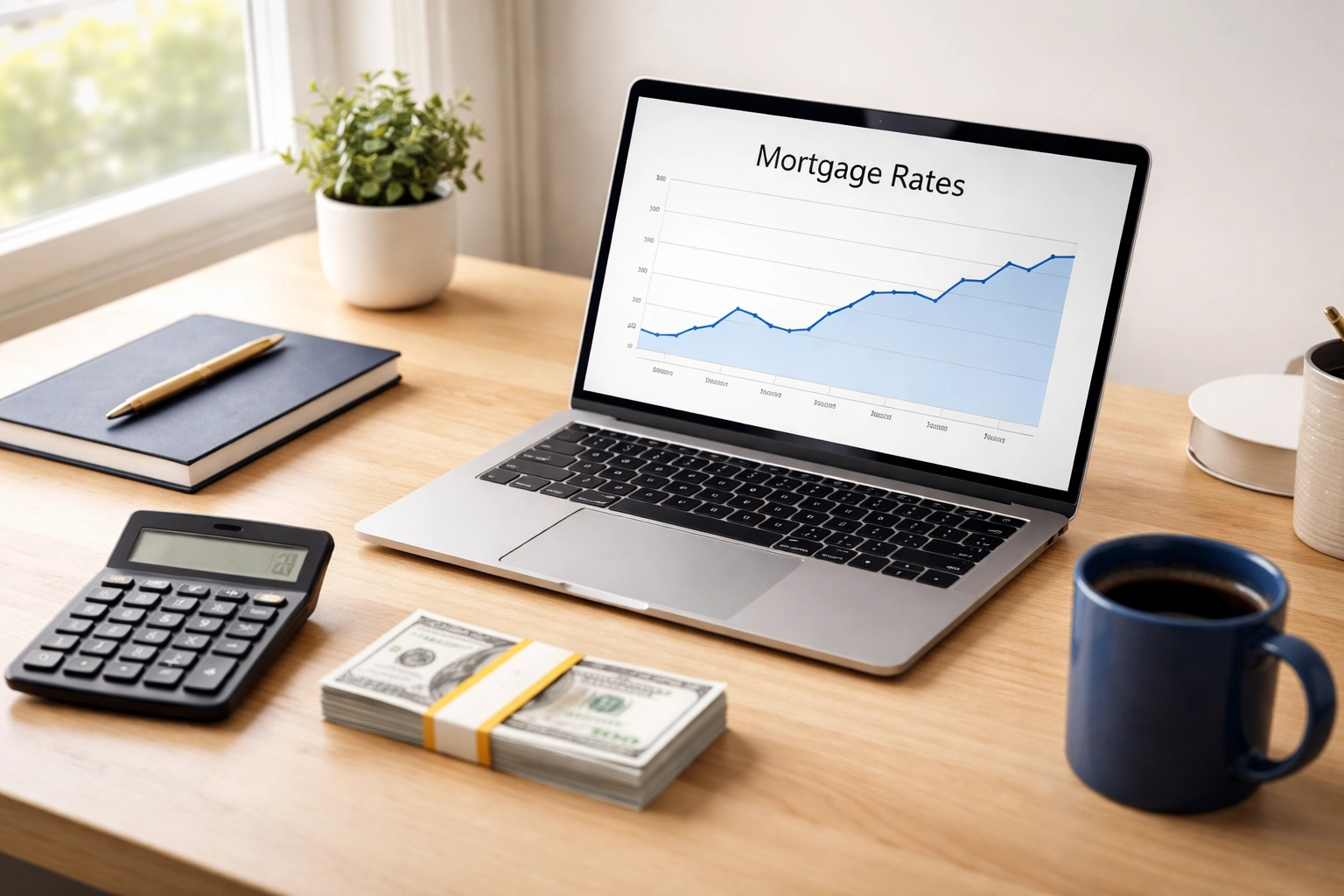 Modern home office workspace with calculator, cash, and mortgage rate chart for understanding mortgage points