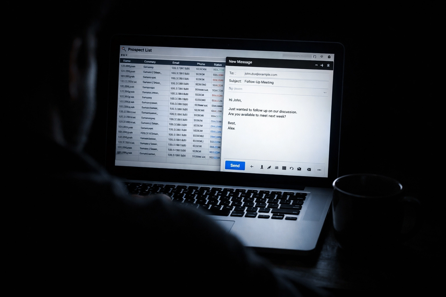 Founder working late night on sales outreach and prospect emails before hiring SDR