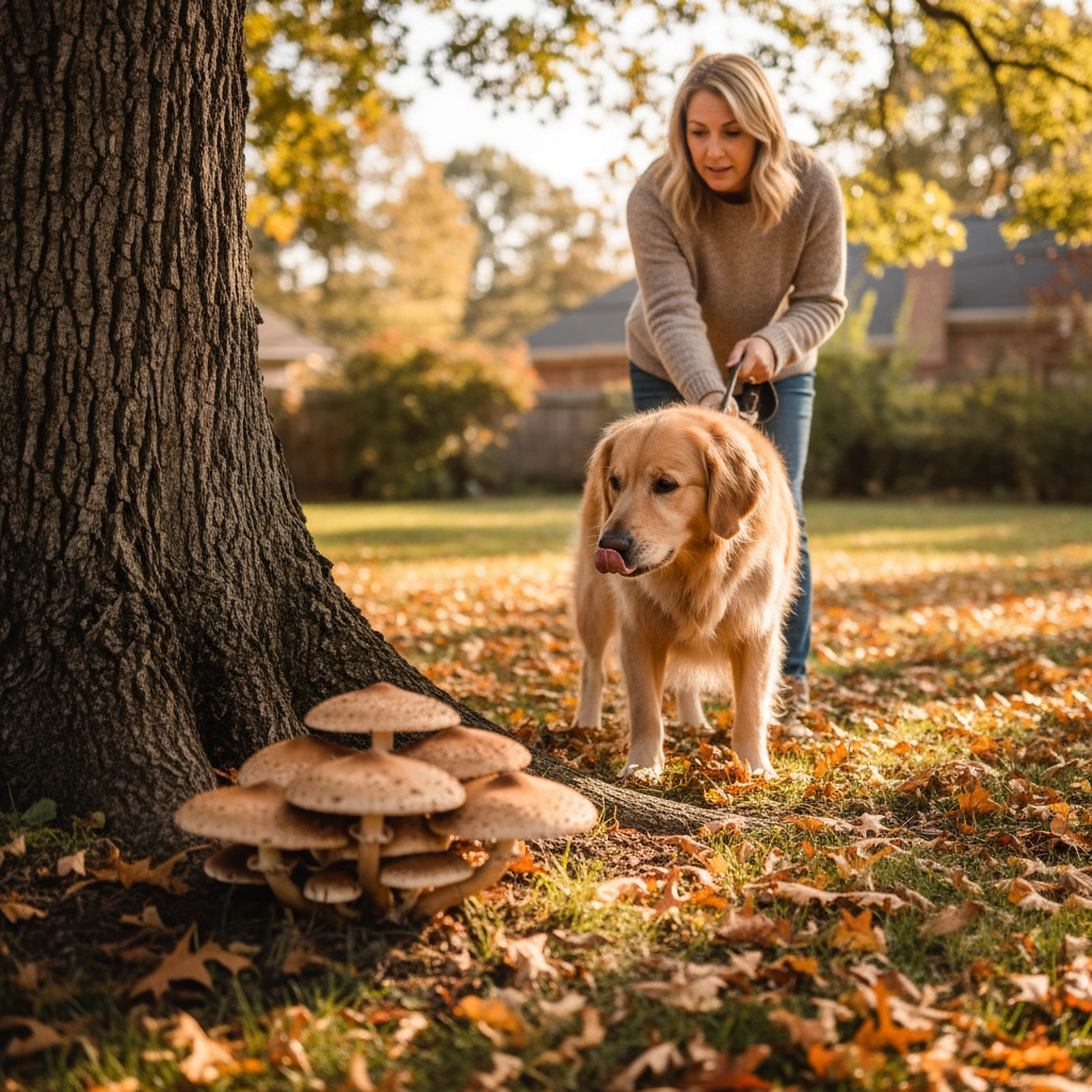 Are You Making These 5 Common Fall Pet Safety Mistakes? (Toxic Mushrooms, Temperature Drops & More) Concerned pet owner gently pulling their curious golden retriever away from a cluster of wild mushrooms growing near a tree in a Mooresville neighborhood yard