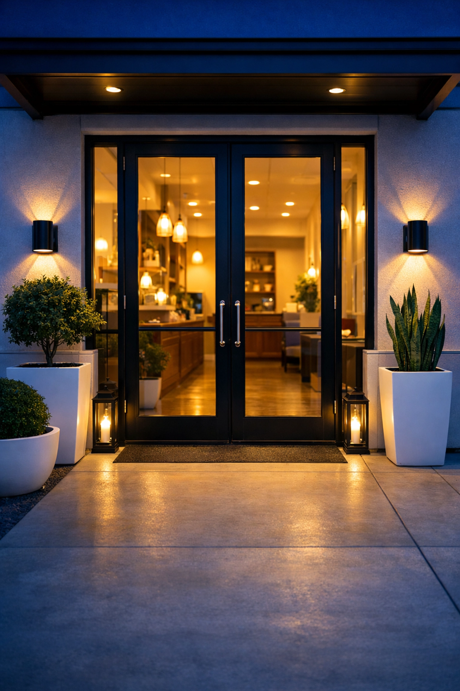 Welcoming store entrance with clean glass doors and professional curb appeal at night.