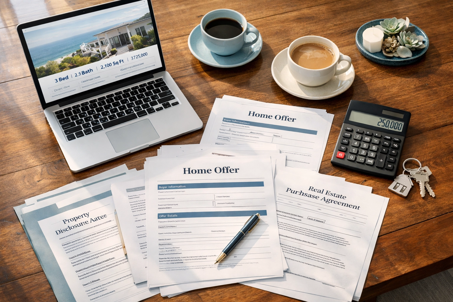 Multiple home offers and documents being reviewed on table during negotiations