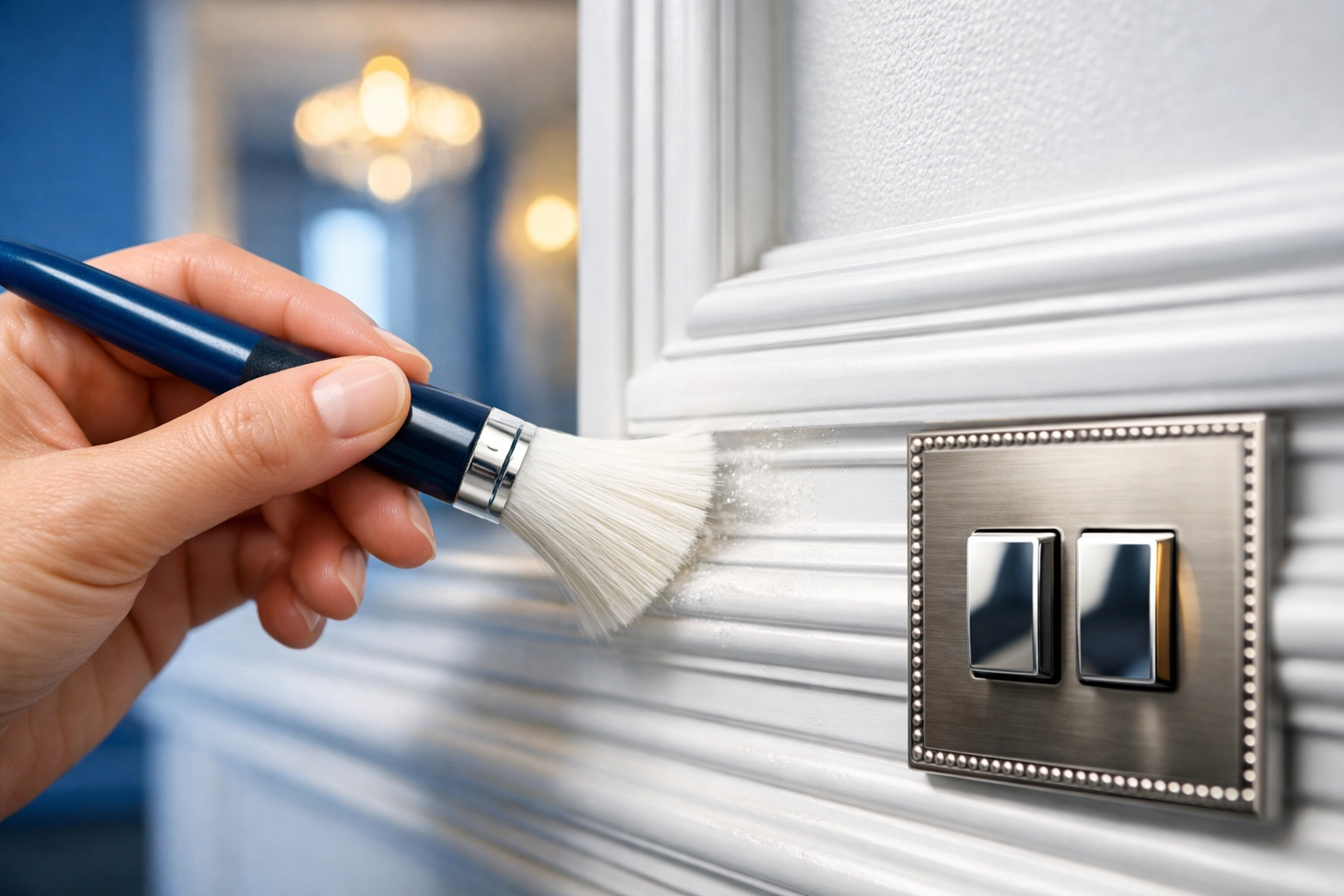 Meticulous detail cleaning on luxury wainscoting in a Dover hallway by residential cleaning Massachusetts experts.