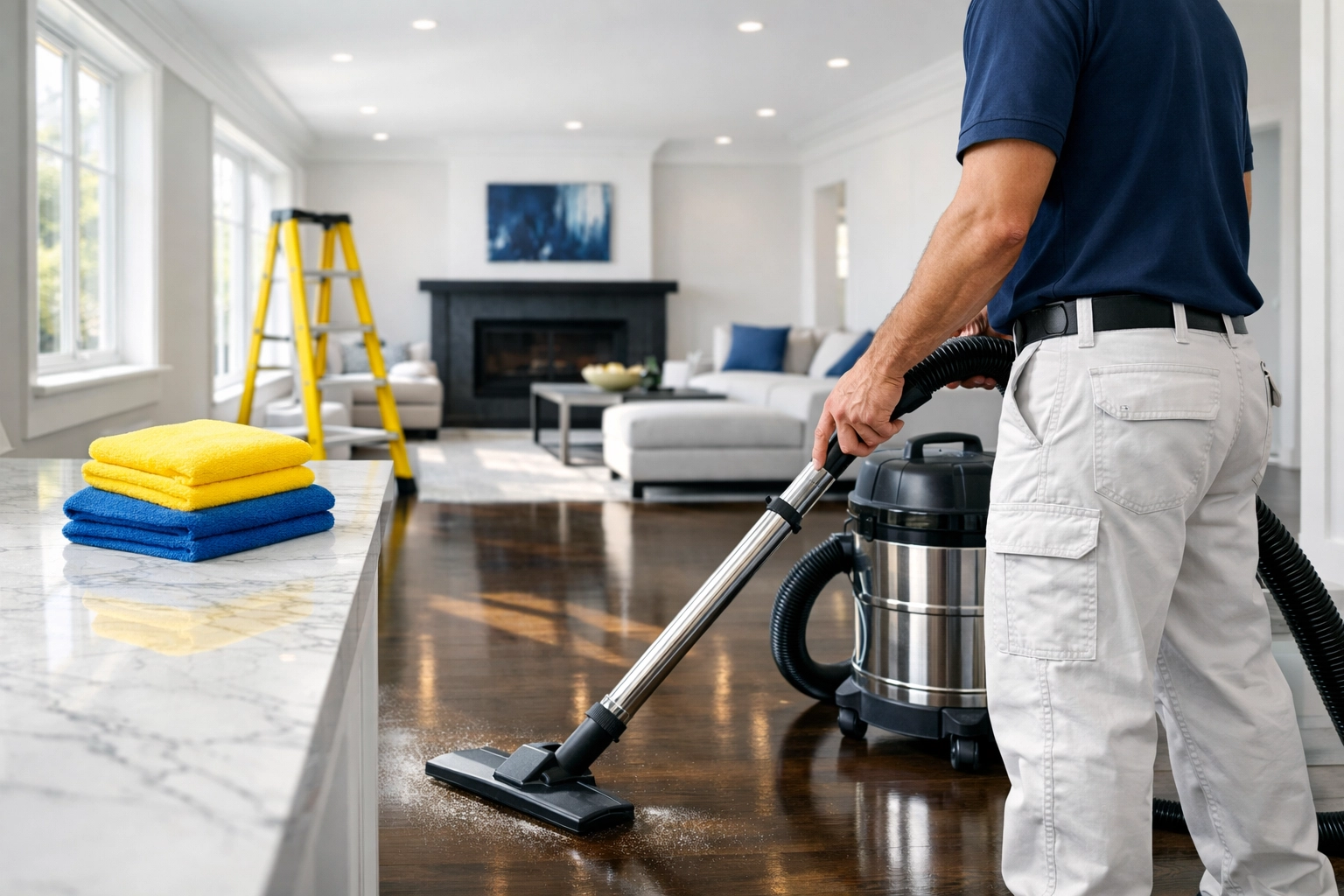 Professional post construction cleaning Hudson technician using a HEPA vacuum on new wood floors.